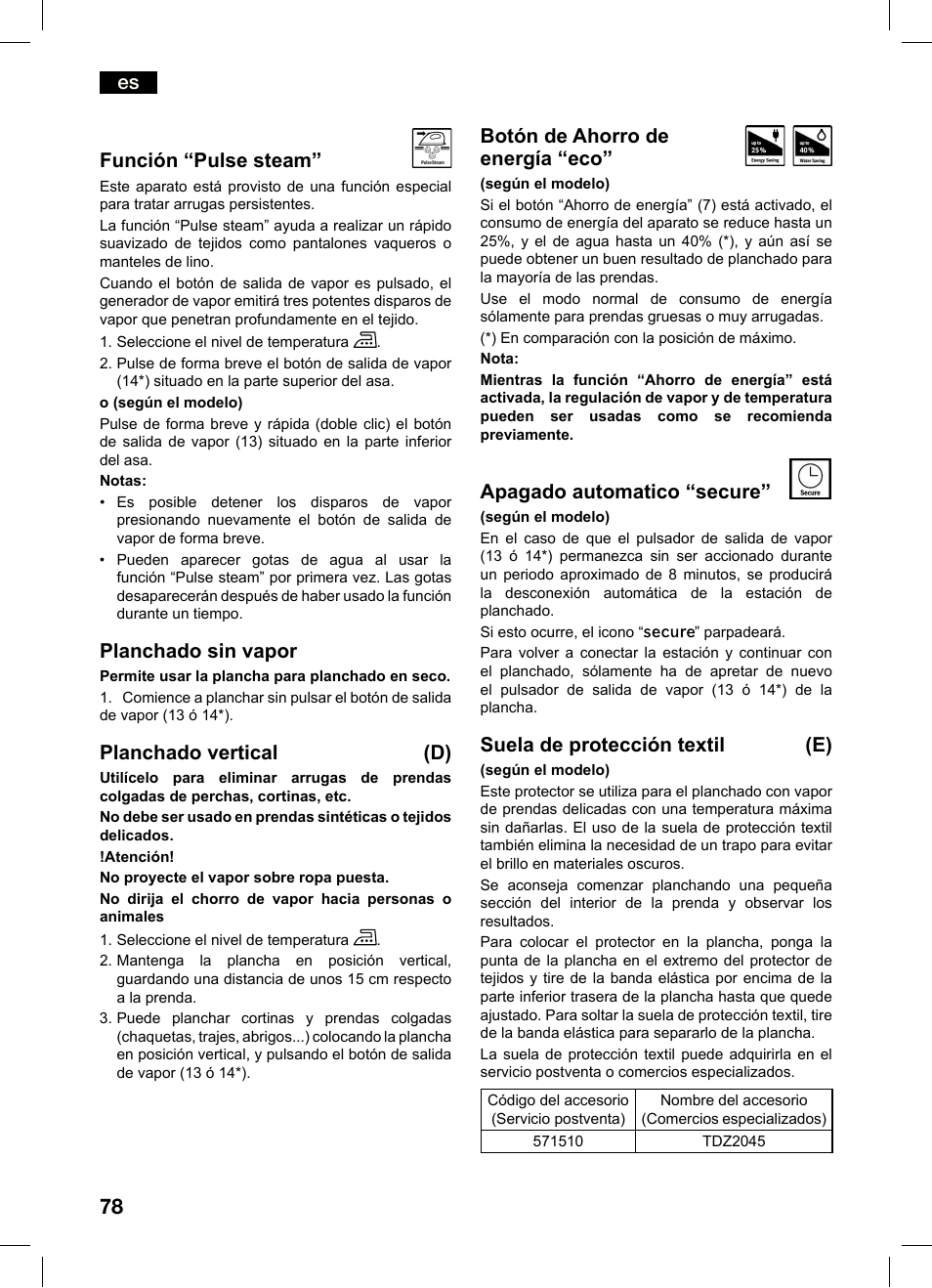 Es función “pulse steam, Planchado sin vapor, Planchado vertical (d) | Botón de ahorro de energía “eco, Apagado automatico “secure, Suela de protección textil (e) | Bosch TDS4550 Centro de planchado Sensixx B45L Styline EAN 4242002684154 User Manual | Page 78 / 156