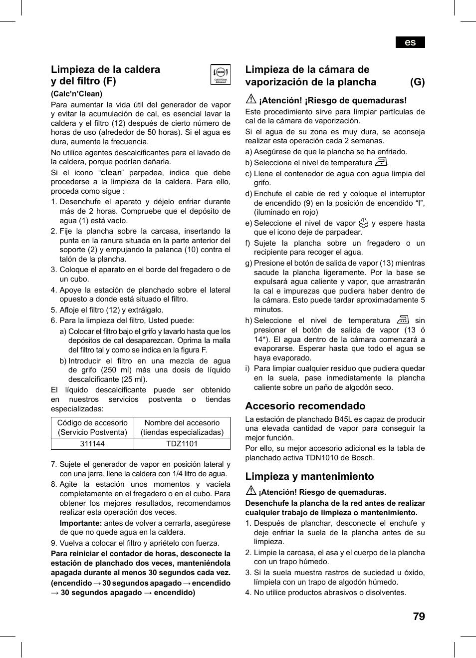 Es limpieza de la caldera y del iltro (f), Accesorio recomendado, Limpieza y mantenimiento | Bosch TDS4550 Centro de planchado Sensixx B45L Styline EAN 4242002684154 User Manual | Page 79 / 156