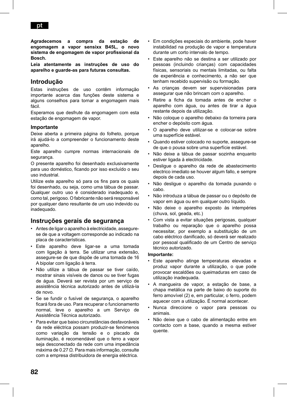 Introdução, Instruções gerais de segurança | Bosch TDS4550 Centro de planchado Sensixx B45L Styline EAN 4242002684154 User Manual | Page 82 / 156