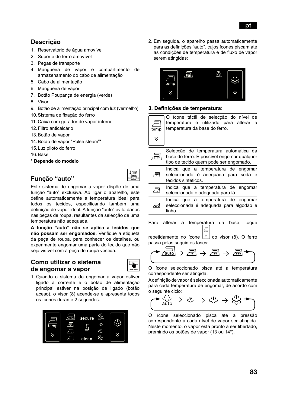 Pt descrição, Função “auto, Como utilizar o sistema de engomar a vapor | Bosch TDS4550 Centro de planchado Sensixx B45L Styline EAN 4242002684154 User Manual | Page 83 / 156