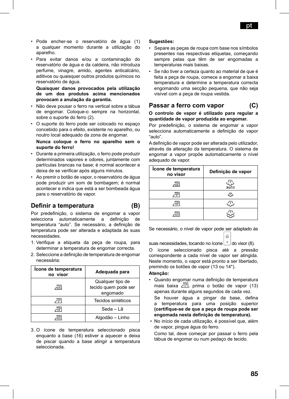 Deinir a temperatura (b), Passar a ferro com vapor (c) | Bosch TDS4550 Centro de planchado Sensixx B45L Styline EAN 4242002684154 User Manual | Page 85 / 156