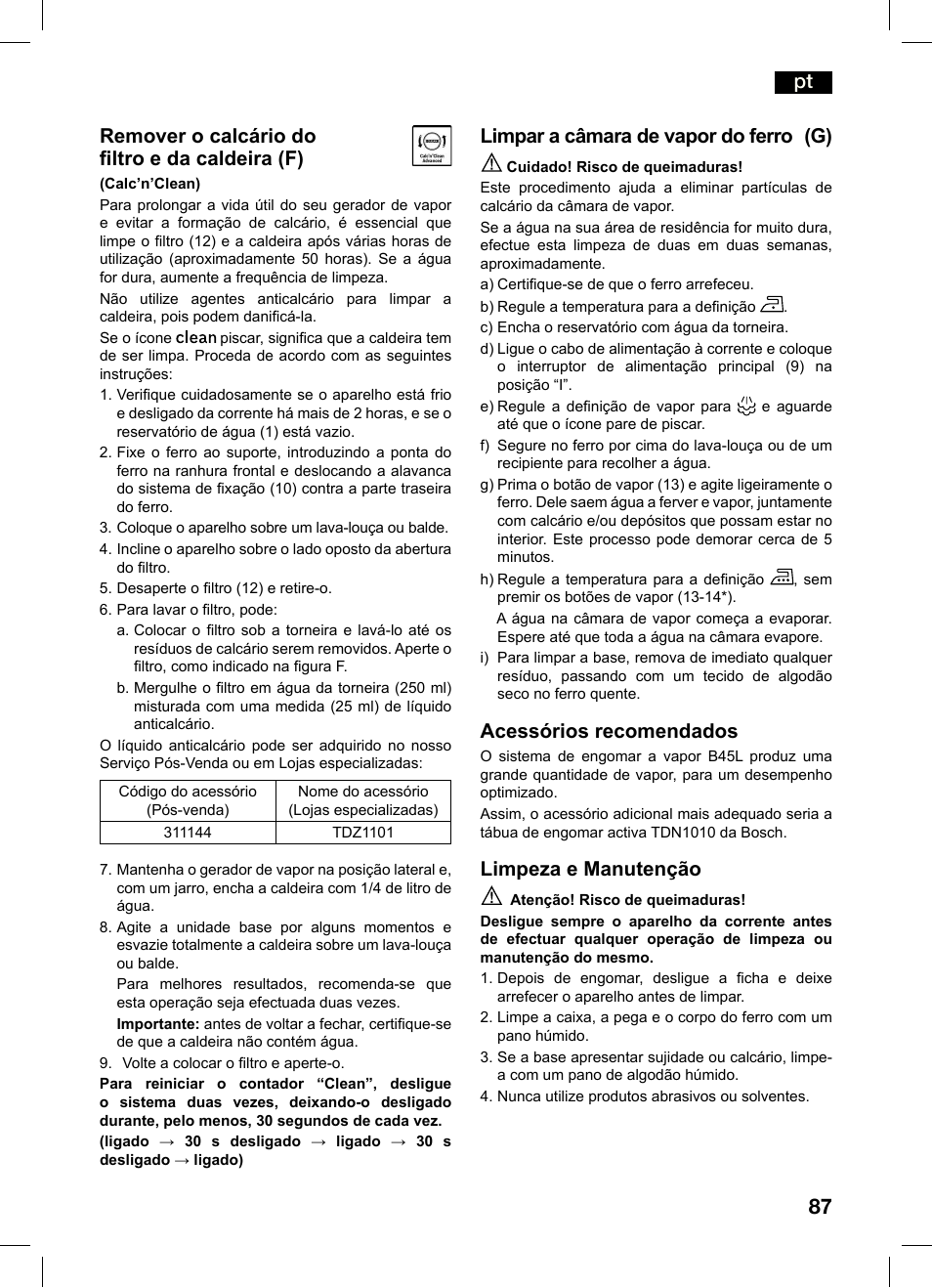 Pt remover o calcário do iltro e da caldeira (f), Limpar a câmara de vapor do ferro (g), Acessórios recomendados | Limpeza e manutenção | Bosch TDS4550 Centro de planchado Sensixx B45L Styline EAN 4242002684154 User Manual | Page 87 / 156