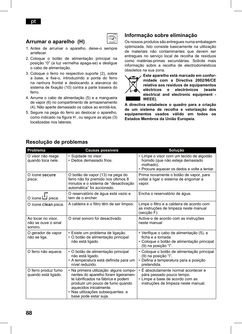 Pt informação sobre eliminação, Resolução de problemas, Arrumar o aparelho (h) | Bosch TDS4550 Centro de planchado Sensixx B45L Styline EAN 4242002684154 User Manual | Page 88 / 156