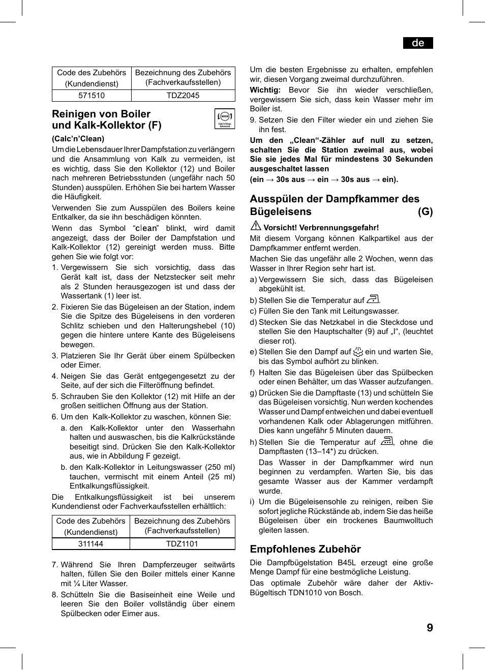 Reinigen von boiler und kalk-kollektor (f), Ausspülen der dampfkammer des bügeleisens (g), Empfohlenes zubehör | Bosch TDS4550 Centro de planchado Sensixx B45L Styline EAN 4242002684154 User Manual | Page 9 / 156