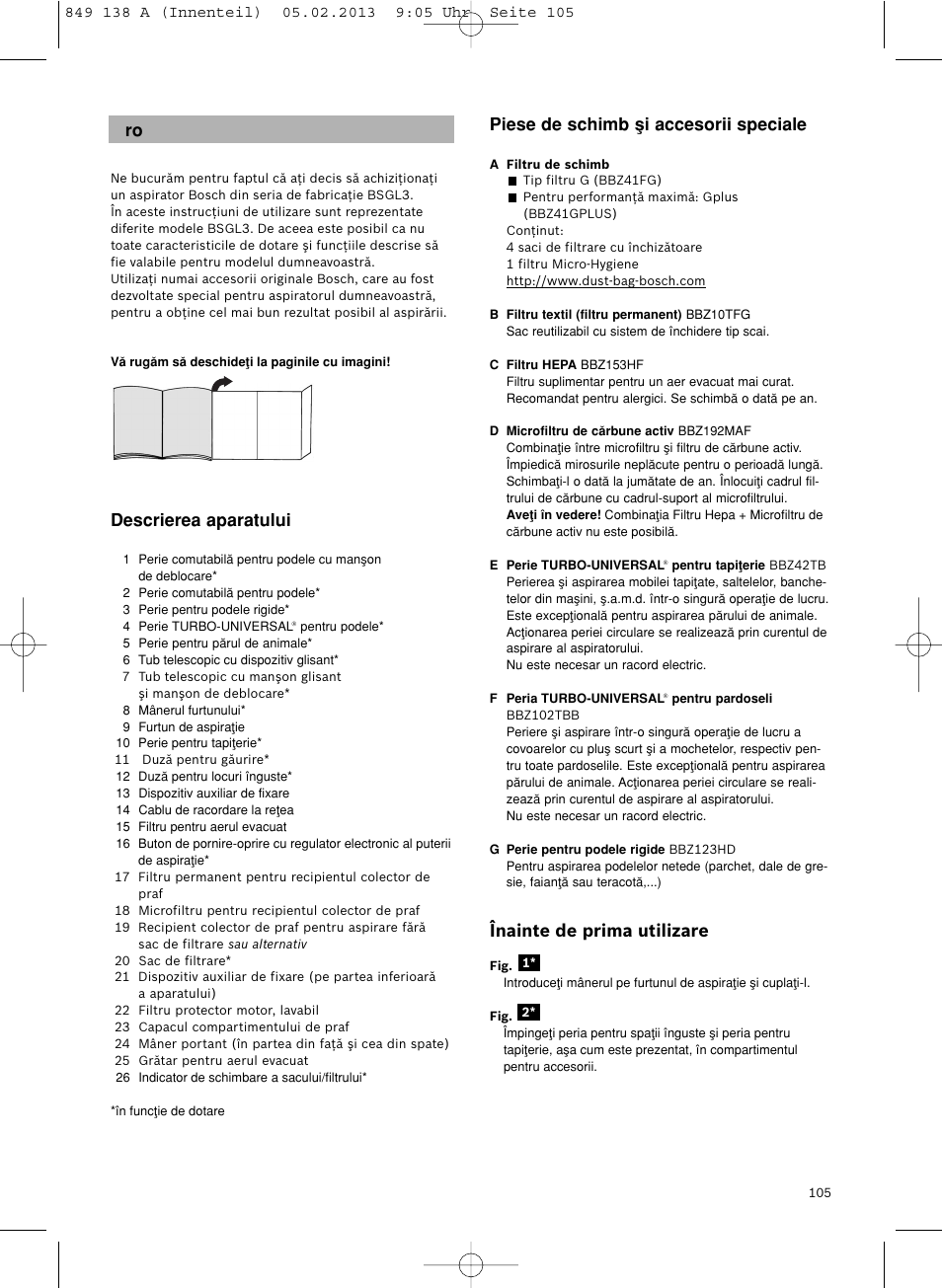 Descrierea aparatului, Piese de schimb µi accesorii speciale, Înainte de prima utilizare | Bosch Aspiradores de trineo BSGL32282 BSGL32282 OZBT GL-30 bagbagless parquet hepa User Manual | Page 106 / 140