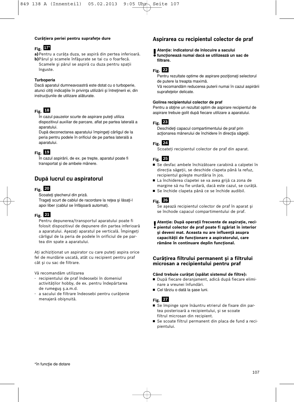 Dupå lucrul cu aspiratorul, Aspirarea cu recipientul colector de praf | Bosch Aspiradores de trineo BSGL32282 BSGL32282 OZBT GL-30 bagbagless parquet hepa User Manual | Page 108 / 140