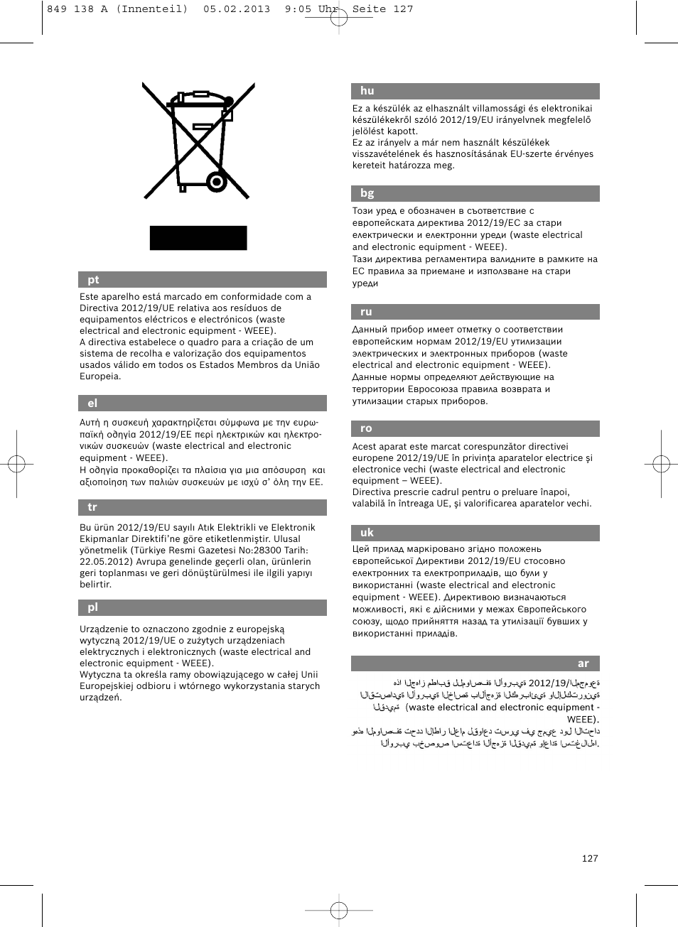 Bosch Aspiradores de trineo BSGL32282 BSGL32282 OZBT GL-30 bagbagless parquet hepa User Manual | Page 127 / 140