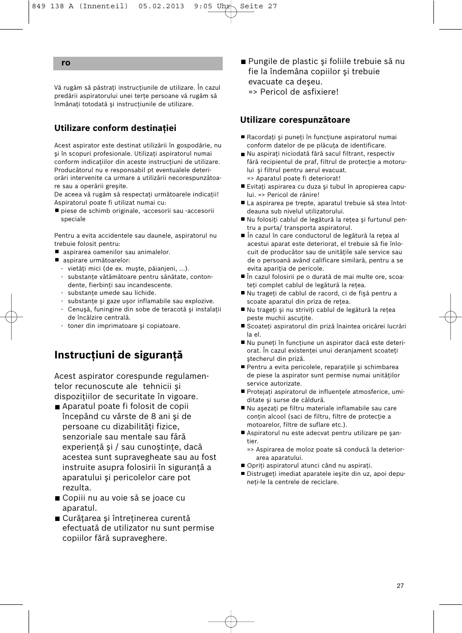 Instrucţiuni de siguranţă | Bosch Aspiradores de trineo BSGL32282 BSGL32282 OZBT GL-30 bagbagless parquet hepa User Manual | Page 28 / 140