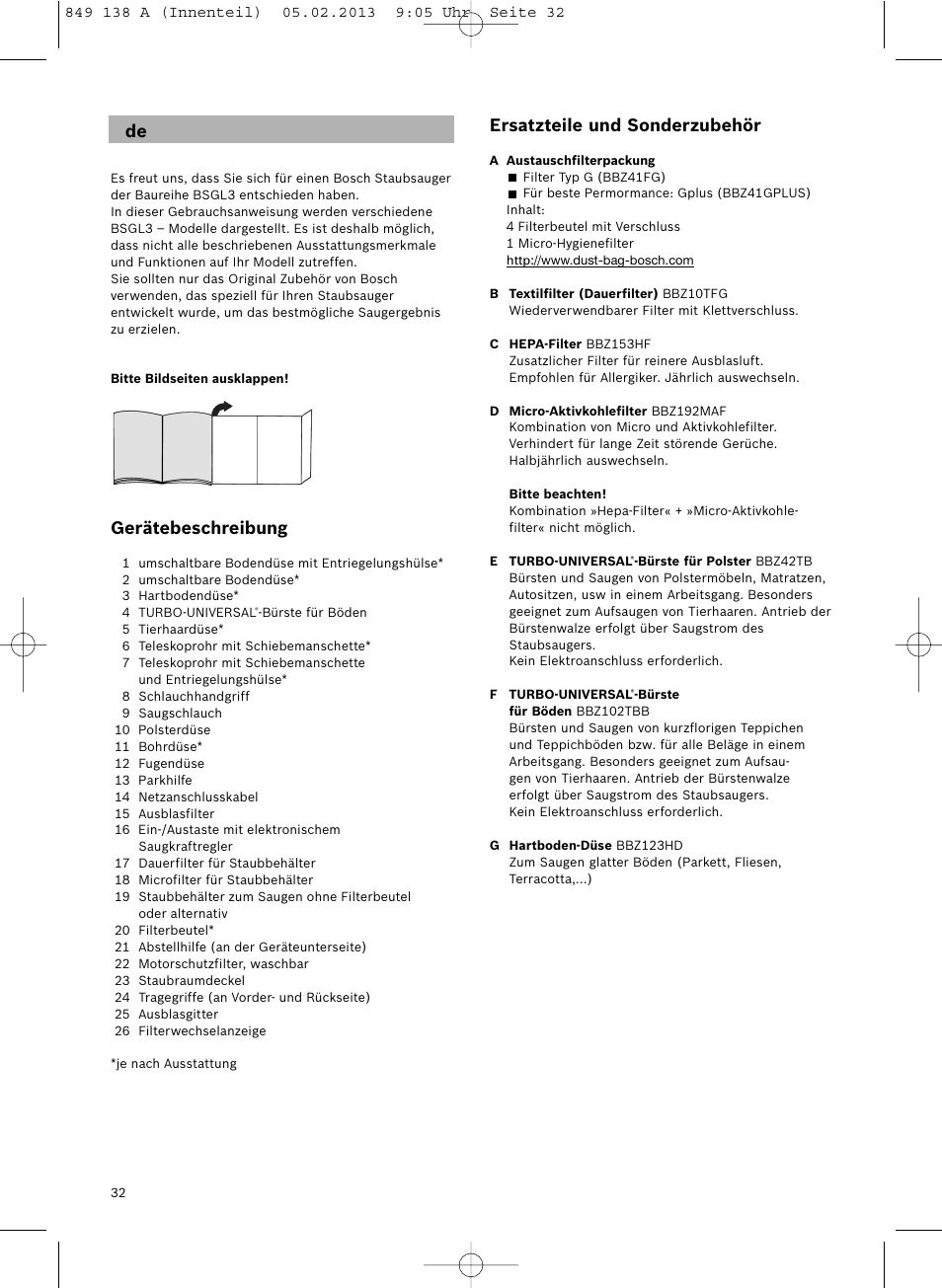 Gerätebeschreibung, Ersatzteile und sonderzubehör | Bosch Aspiradores de trineo BSGL32282 BSGL32282 OZBT GL-30 bagbagless parquet hepa User Manual | Page 33 / 140