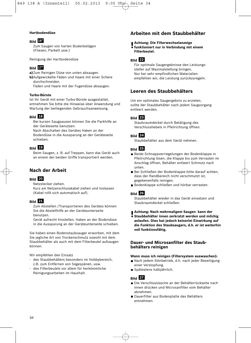 Nach der arbeit, Arbeiten mit dem staubbehälter, Leeren des staubbehälters | Bosch Aspiradores de trineo BSGL32282 BSGL32282 OZBT GL-30 bagbagless parquet hepa User Manual | Page 35 / 140