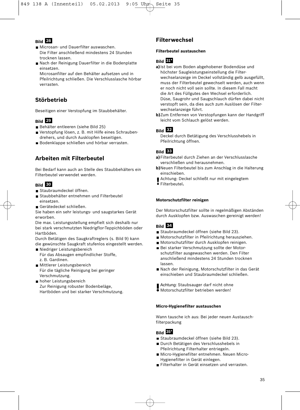 Störbetrieb, Arbeiten mit filterbeutel, Filterwechsel | Bosch Aspiradores de trineo BSGL32282 BSGL32282 OZBT GL-30 bagbagless parquet hepa User Manual | Page 36 / 140