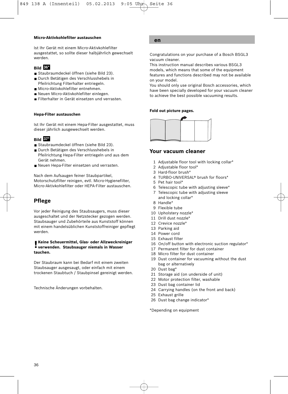 Your vacuum cleaner, Pflege | Bosch Aspiradores de trineo BSGL32282 BSGL32282 OZBT GL-30 bagbagless parquet hepa User Manual | Page 37 / 140