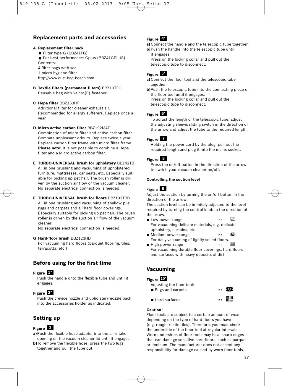 Vacuuming, Replacement parts and accessories, Before using for the first time | Setting up | Bosch Aspiradores de trineo BSGL32282 BSGL32282 OZBT GL-30 bagbagless parquet hepa User Manual | Page 38 / 140