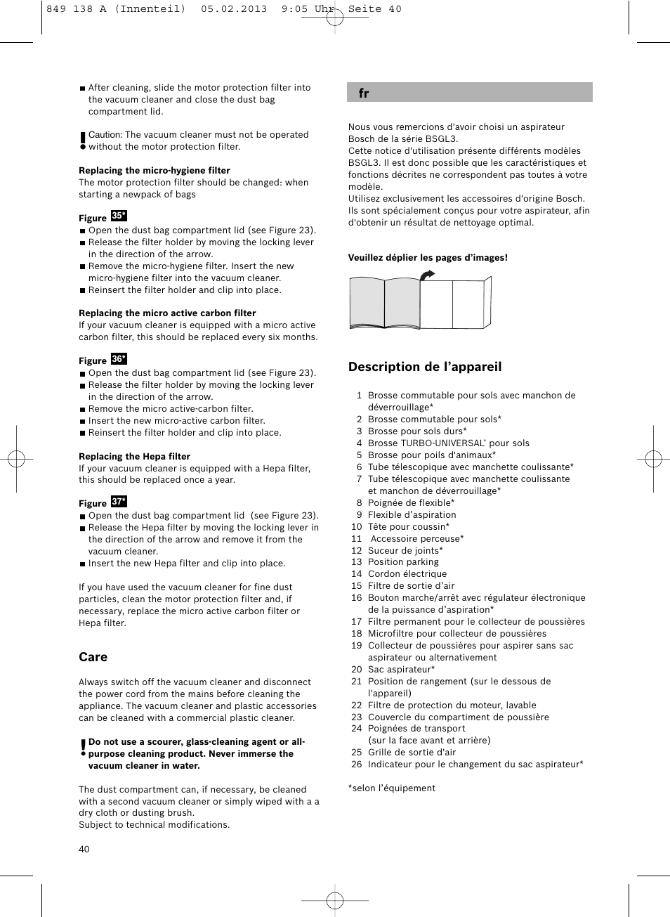 Description de l’appareil, Care | Bosch Aspiradores de trineo BSGL32282 BSGL32282 OZBT GL-30 bagbagless parquet hepa User Manual | Page 41 / 140