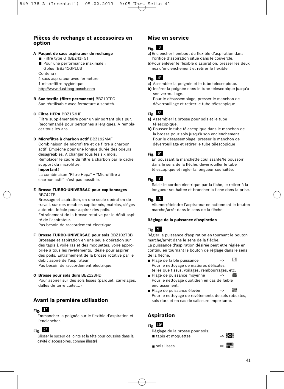 Mise en service, Aspiration, Pièces de rechange et accessoires en option | Avant la première utilisation | Bosch Aspiradores de trineo BSGL32282 BSGL32282 OZBT GL-30 bagbagless parquet hepa User Manual | Page 42 / 140