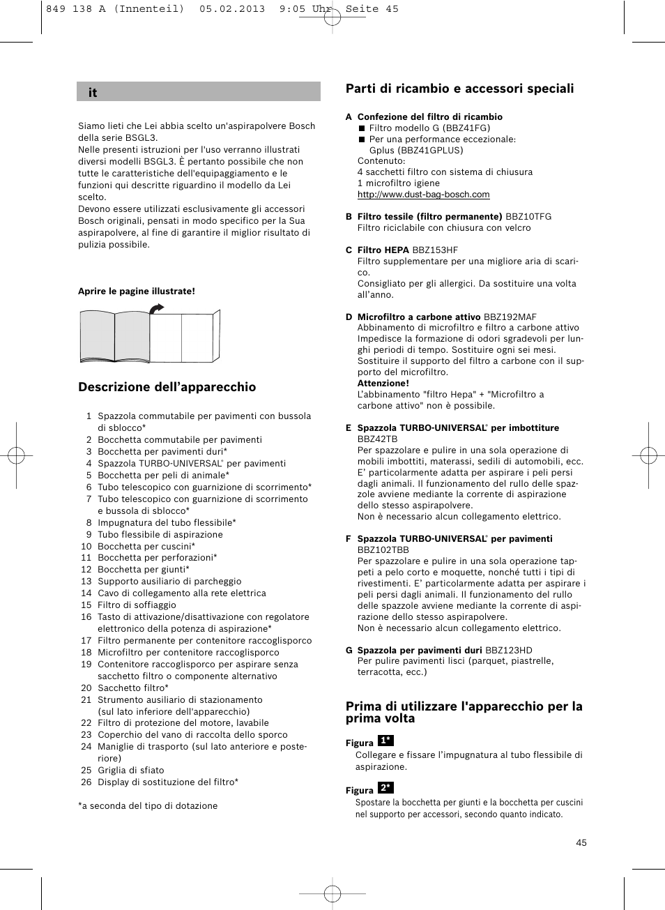 Parti di ricambio e accessori speciali, Descrizione dell’apparecchio | Bosch Aspiradores de trineo BSGL32282 BSGL32282 OZBT GL-30 bagbagless parquet hepa User Manual | Page 46 / 140