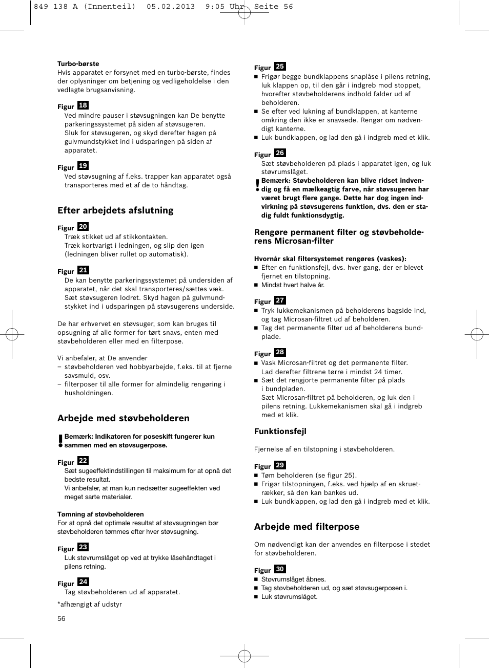 Efter arbejdets afslutning, Arbejde med støvbeholderen, Arbejde med filterpose | Bosch Aspiradores de trineo BSGL32282 BSGL32282 OZBT GL-30 bagbagless parquet hepa User Manual | Page 57 / 140