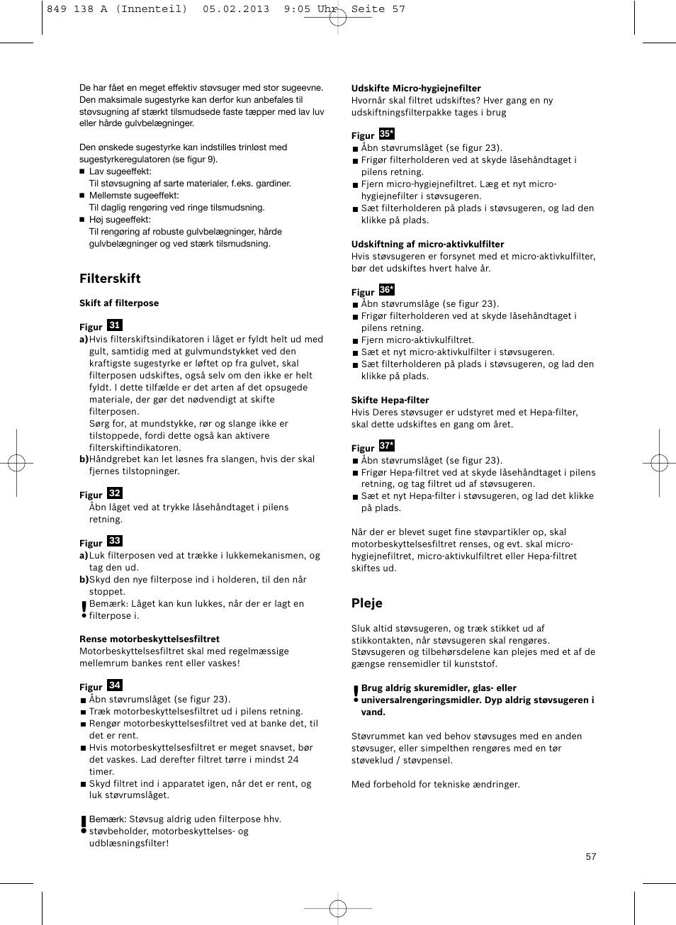 Filterskift, Pleje | Bosch Aspiradores de trineo BSGL32282 BSGL32282 OZBT GL-30 bagbagless parquet hepa User Manual | Page 58 / 140