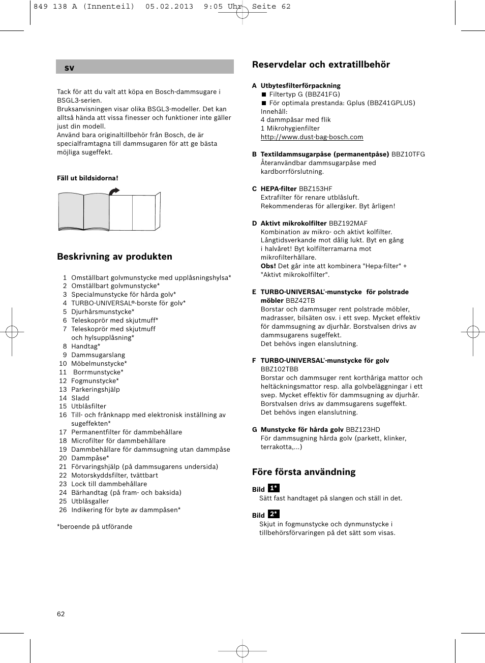 Beskrivning av produkten, Reservdelar och extratillbehör, Före första användning | Bosch Aspiradores de trineo BSGL32282 BSGL32282 OZBT GL-30 bagbagless parquet hepa User Manual | Page 63 / 140