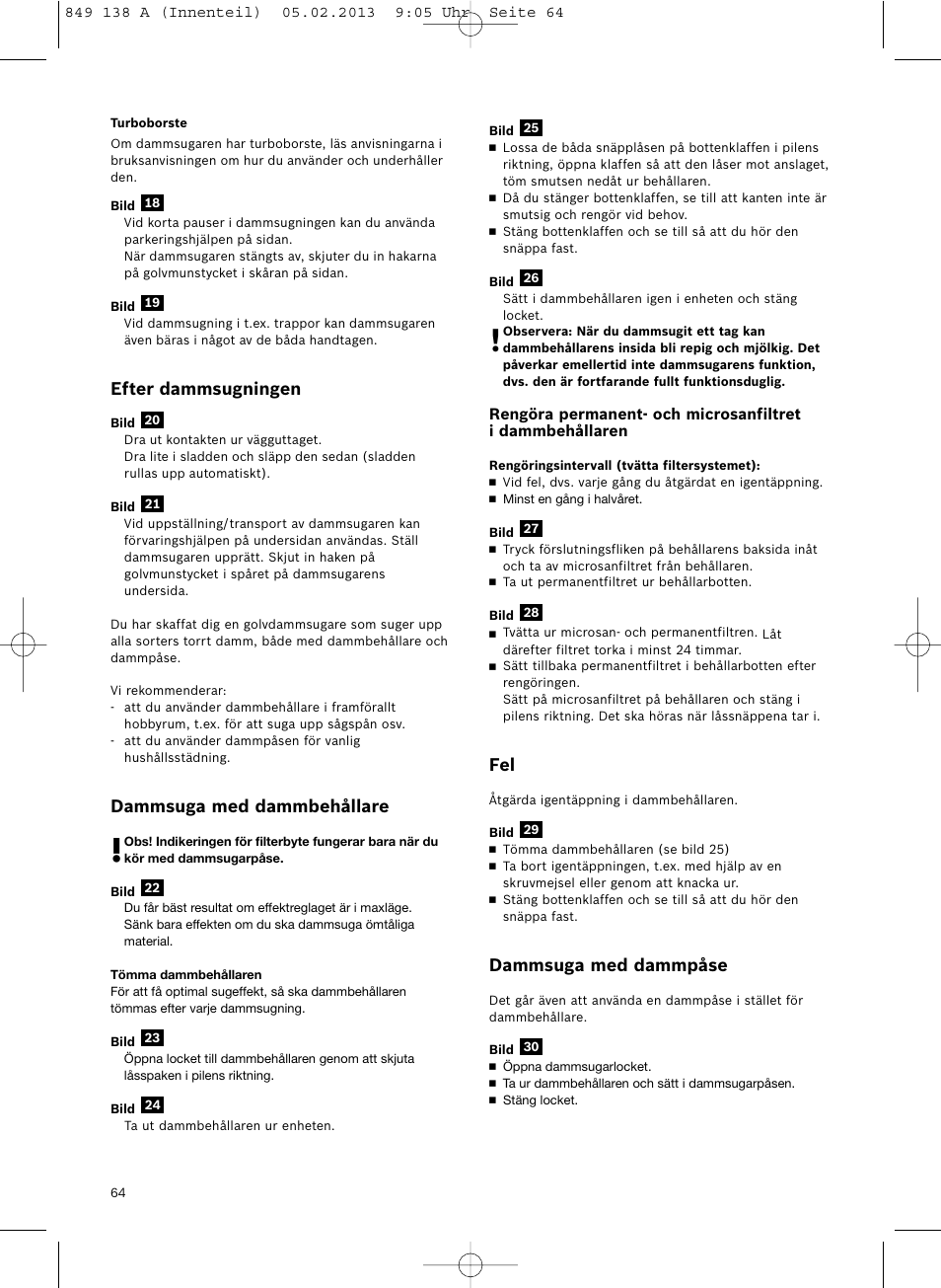 Efter dammsugningen, Dammsuga med dammbehållare, Dammsuga med dammpåse | Bosch Aspiradores de trineo BSGL32282 BSGL32282 OZBT GL-30 bagbagless parquet hepa User Manual | Page 65 / 140