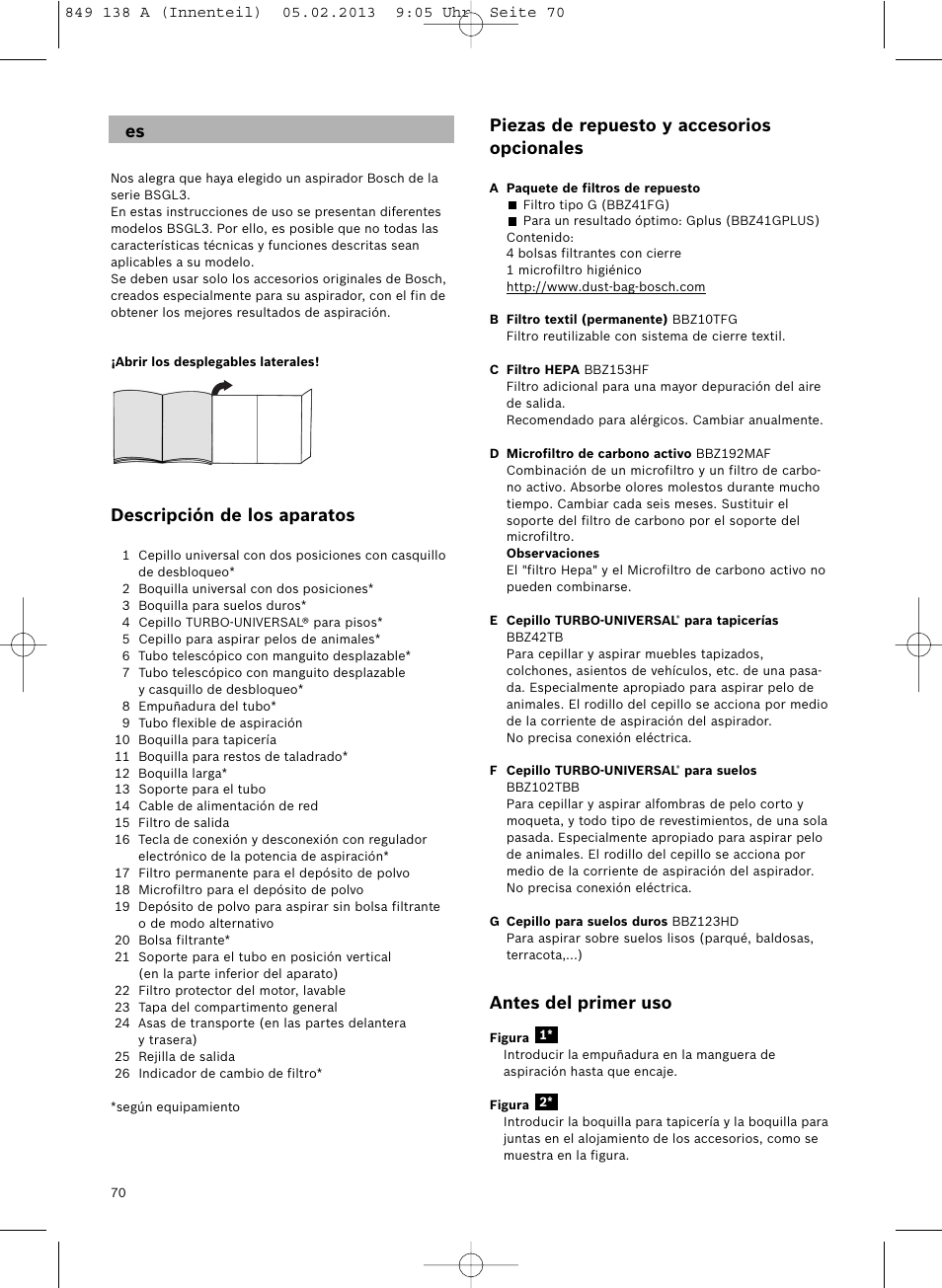 Descripción de los aparatos, Piezas de repuesto y accesorios opcionales, Antes del primer uso | Bosch Aspiradores de trineo BSGL32282 BSGL32282 OZBT GL-30 bagbagless parquet hepa User Manual | Page 71 / 140