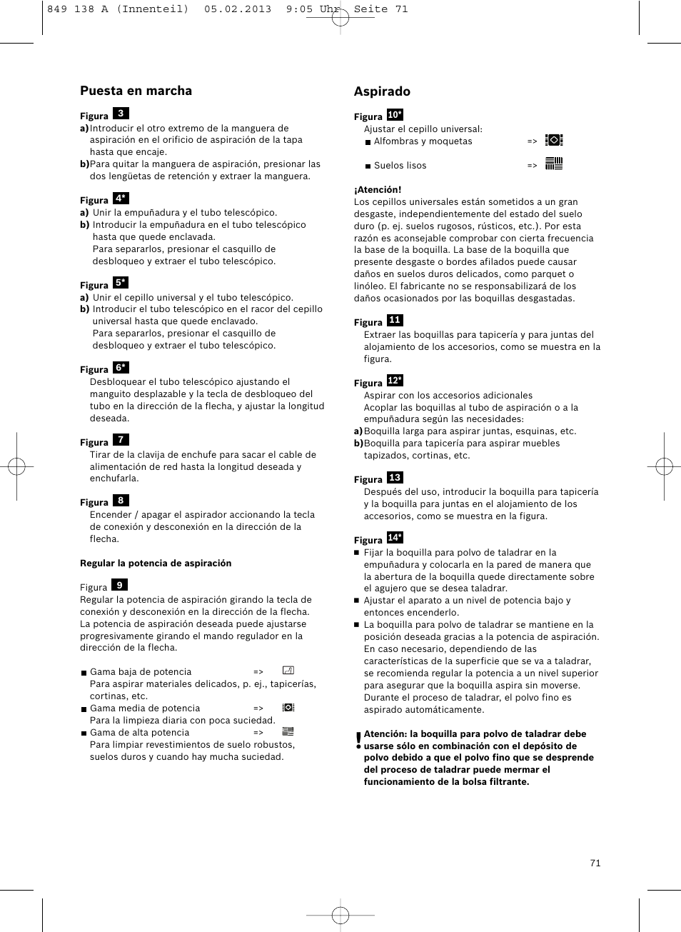 Puesta en marcha, Aspirado | Bosch Aspiradores de trineo BSGL32282 BSGL32282 OZBT GL-30 bagbagless parquet hepa User Manual | Page 72 / 140