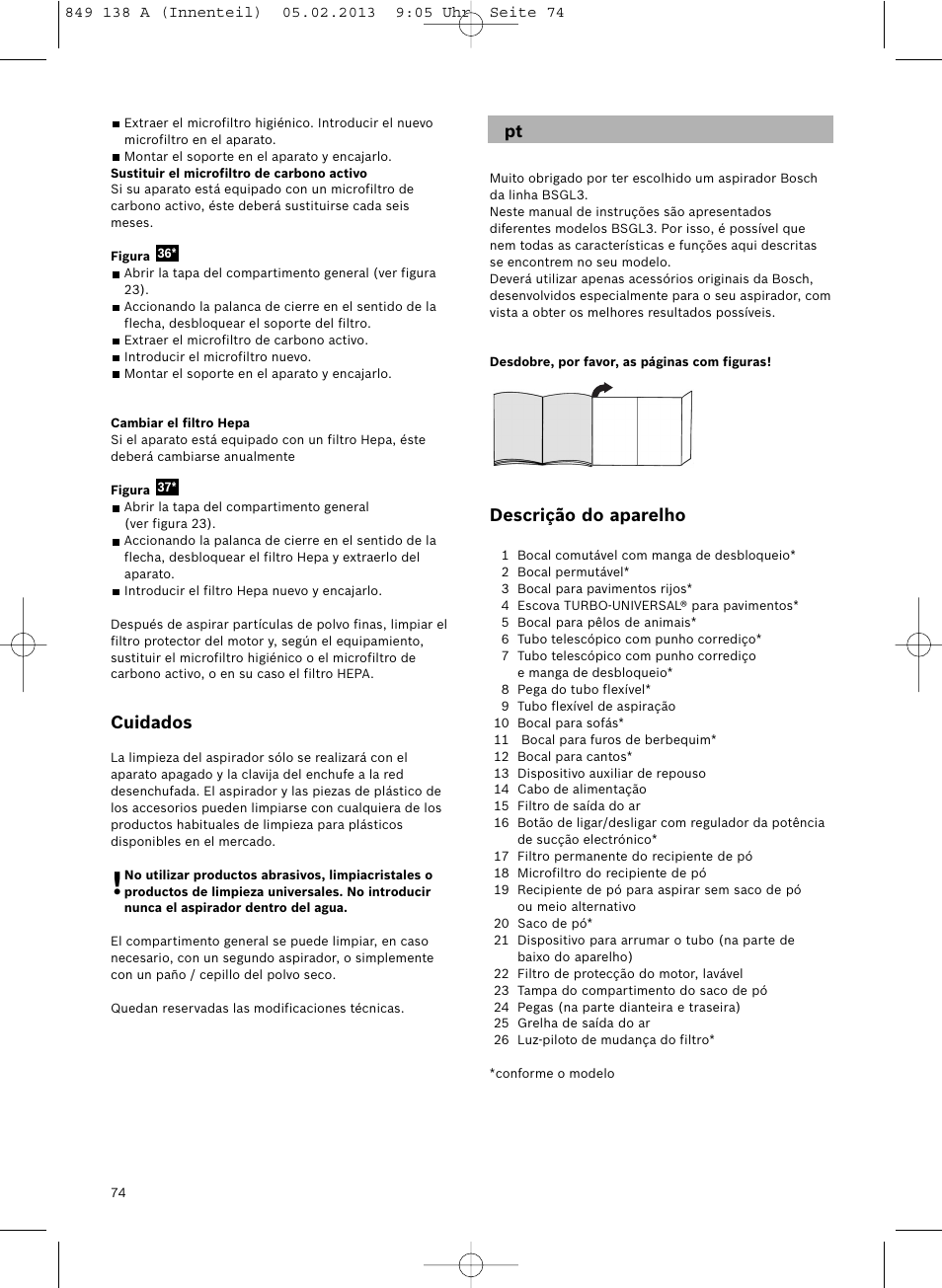 Descrição do aparelho, Cuidados | Bosch Aspiradores de trineo BSGL32282 BSGL32282 OZBT GL-30 bagbagless parquet hepa User Manual | Page 75 / 140