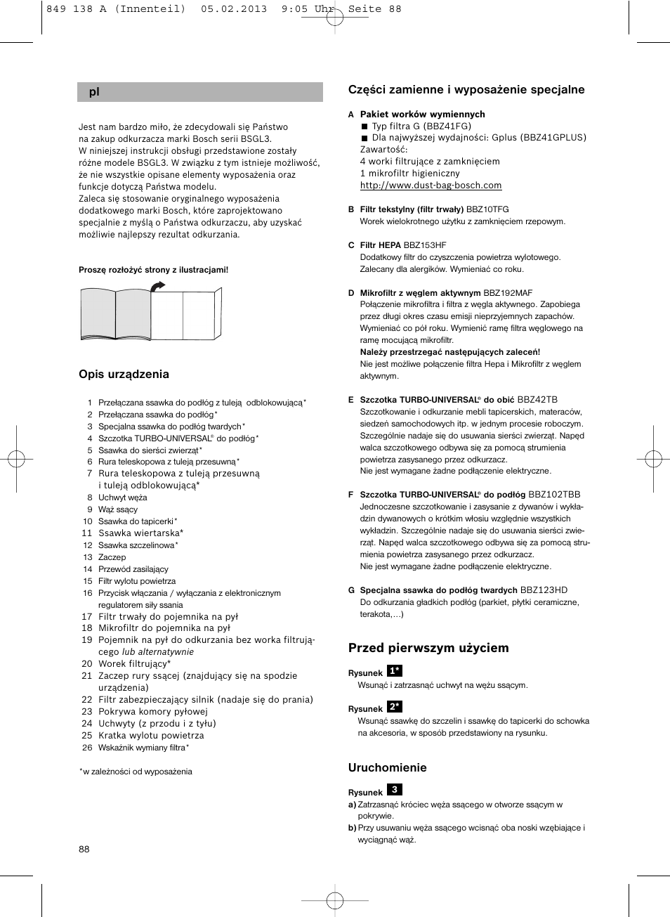 Opis urządzenia, Części zamienne i wyposażenie specjalne, Przed pierwszym użyciem | Uruchomienie | Bosch Aspiradores de trineo BSGL32282 BSGL32282 OZBT GL-30 bagbagless parquet hepa User Manual | Page 89 / 140