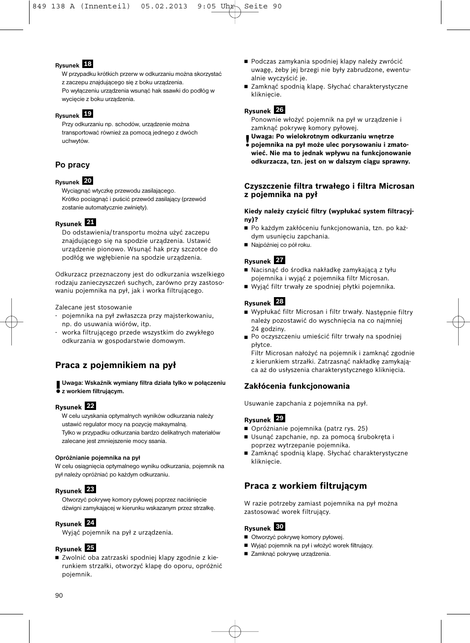 Po pracy, Praca z pojemnikiem na pył, Praca z workiem filtrującym | Bosch Aspiradores de trineo BSGL32282 BSGL32282 OZBT GL-30 bagbagless parquet hepa User Manual | Page 91 / 140