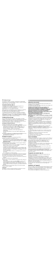 M ¡peligro de fuga, Conexión eléctrica (fig. 5), Cambio del tipo de gas | A) cambio de inyectores (fig. 6), B) reglaje de los grifos, Coloque los mandos en la posición de mínimo, Retire los mandos de los grifos. fig. 7, Suelte los tornillos de los quemadores, Atención, Þ notice de montage | Bosch PBP615B81E User Manual | Page 6 / 14