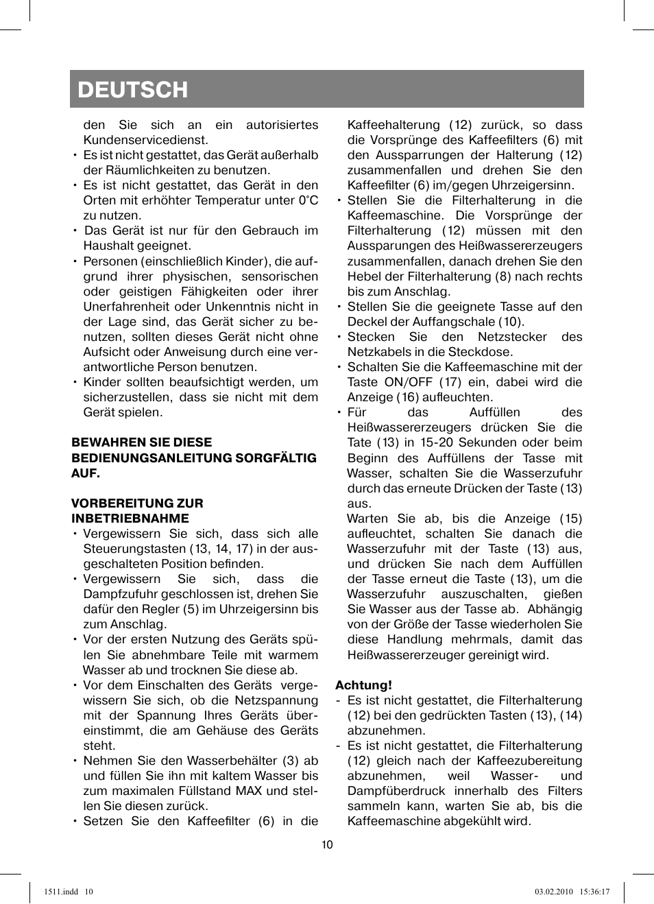 Deutsch | Vitek VT-1511 User Manual | Page 10 / 60