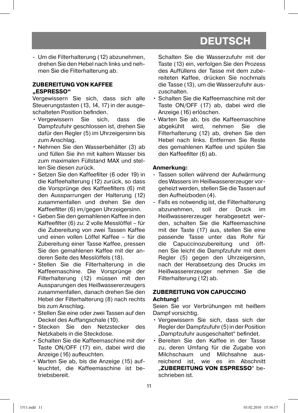 Deutsch | Vitek VT-1511 User Manual | Page 11 / 60