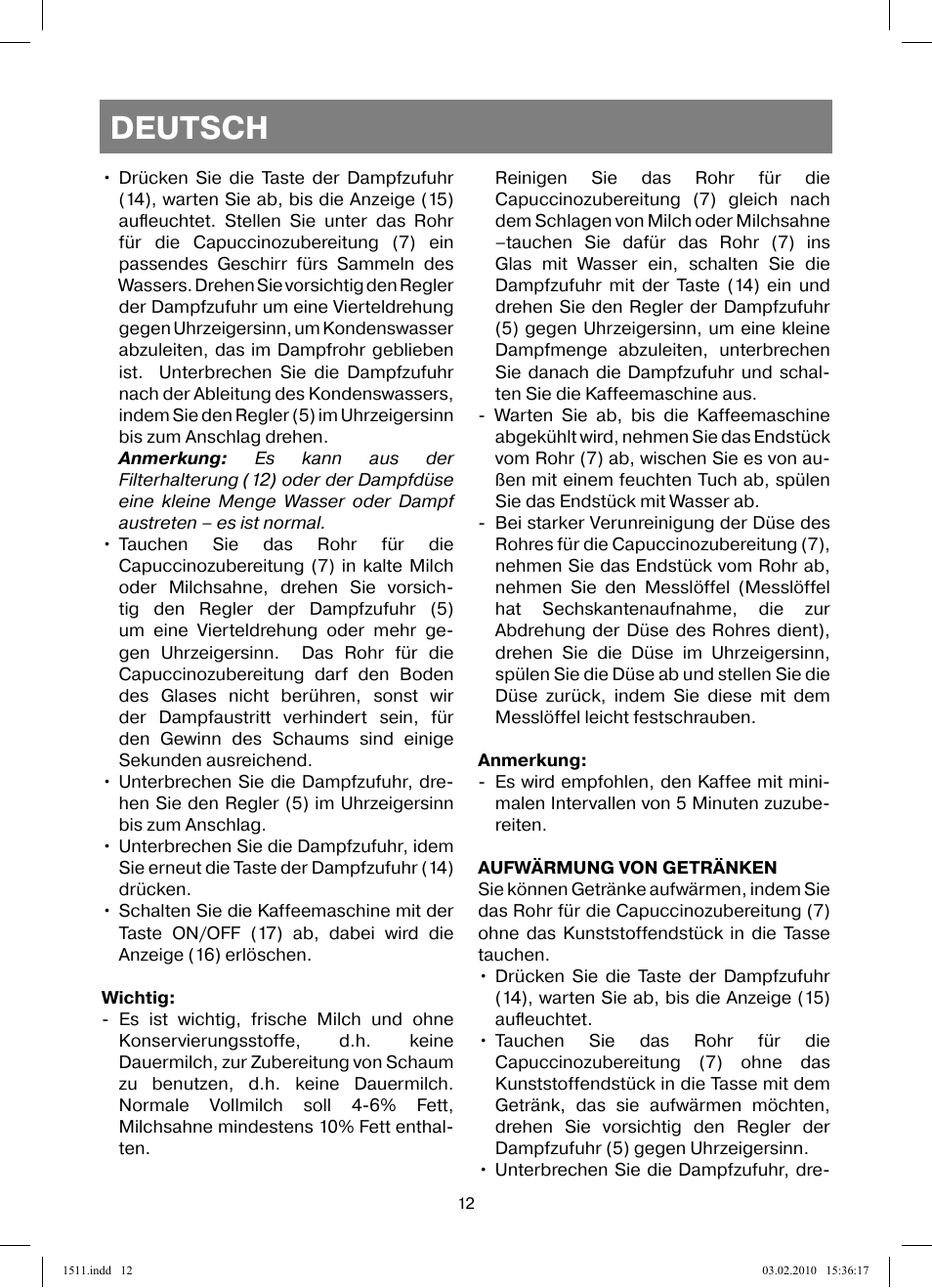 Deutsch | Vitek VT-1511 User Manual | Page 12 / 60