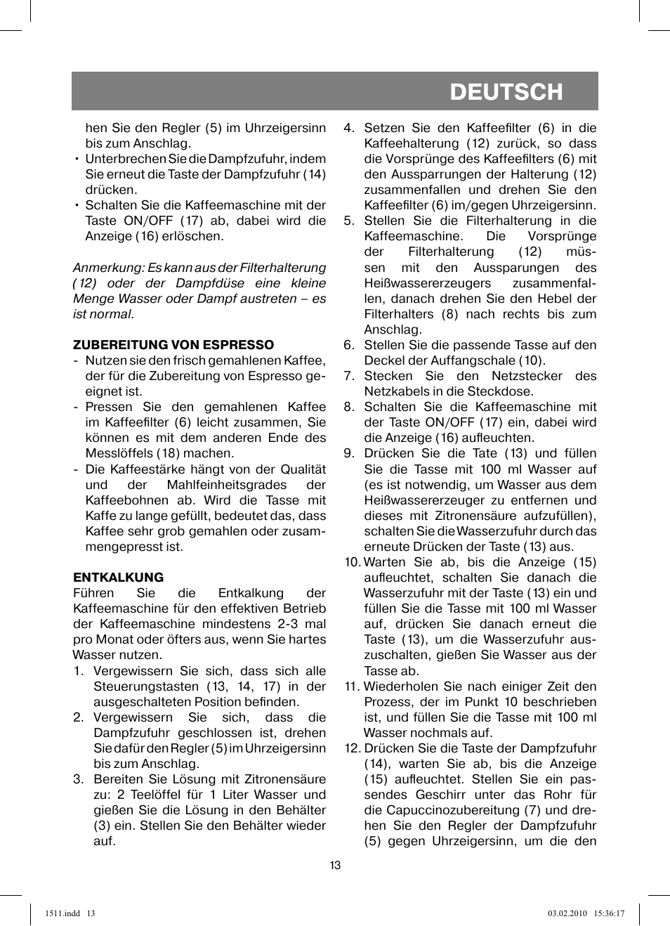 Deutsch | Vitek VT-1511 User Manual | Page 13 / 60