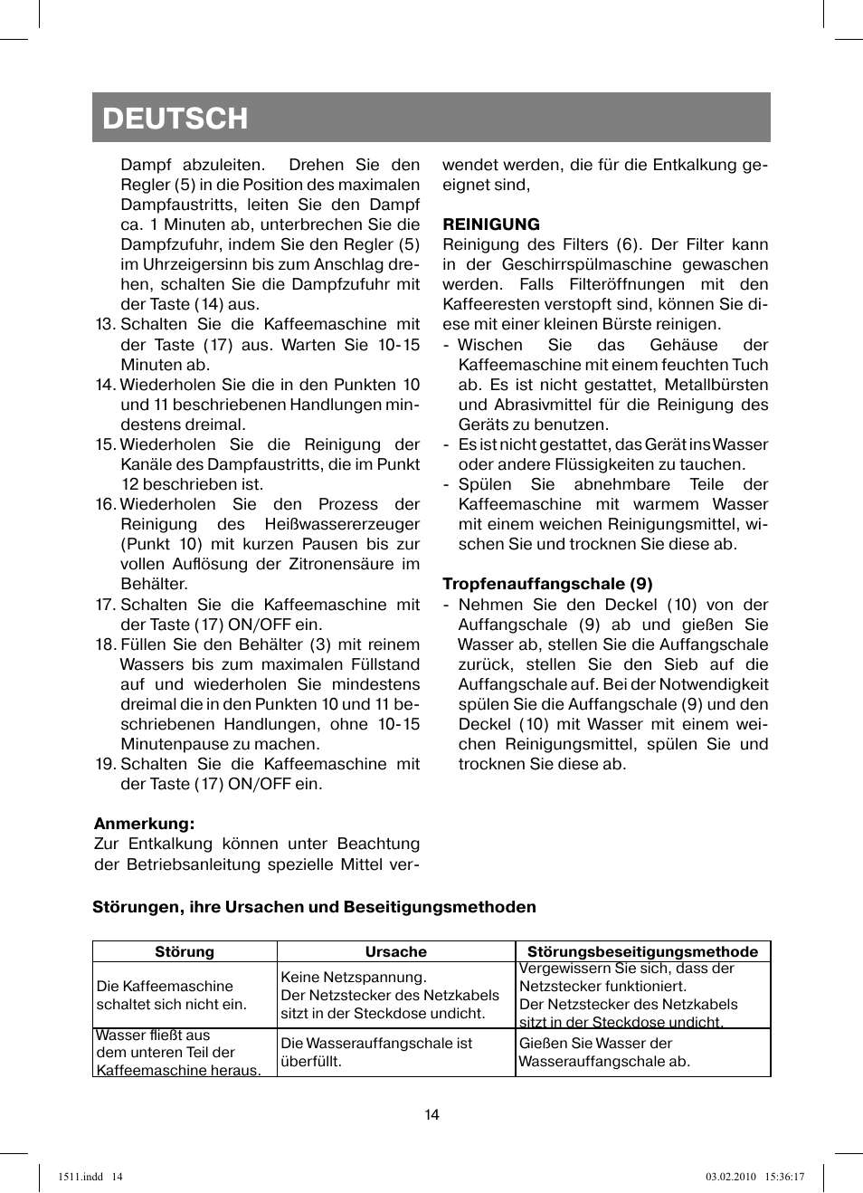 Deutsch | Vitek VT-1511 User Manual | Page 14 / 60