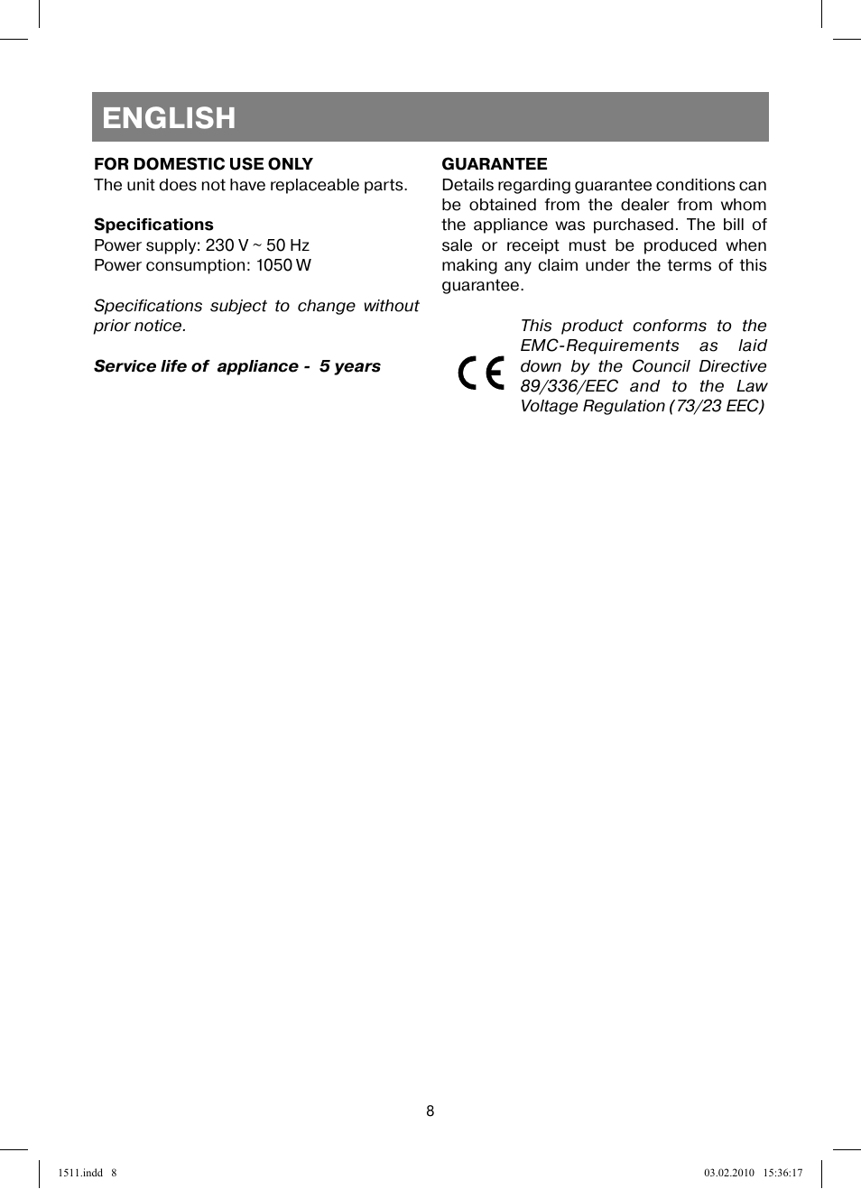 English | Vitek VT-1511 User Manual | Page 8 / 60