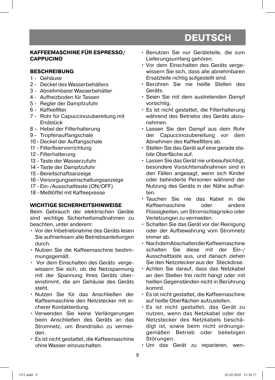 Deutsch | Vitek VT-1511 User Manual | Page 9 / 60