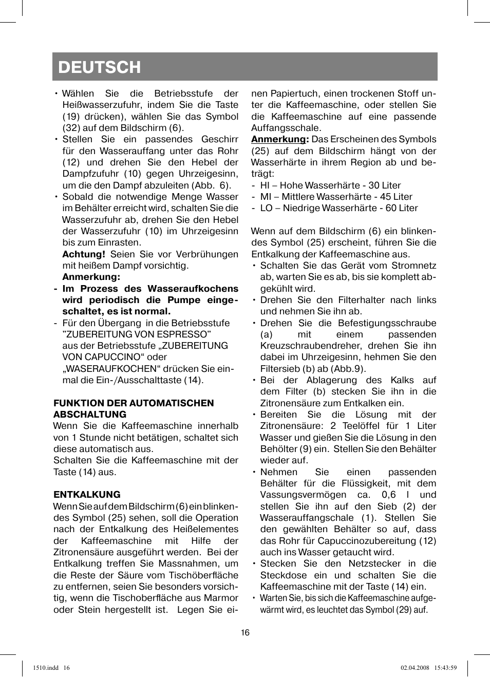 Deutsch | Vitek VT-1510 SR User Manual | Page 16 / 80