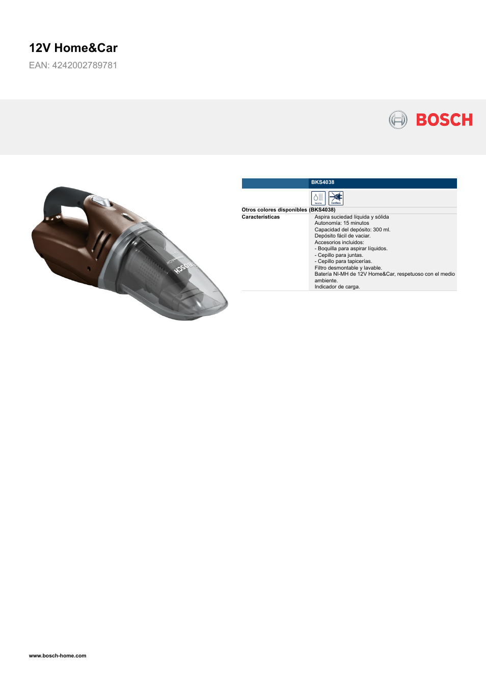 Bosch BKS4038 12V HomeCar EAN 4242002789781 User Manual | 2 pages