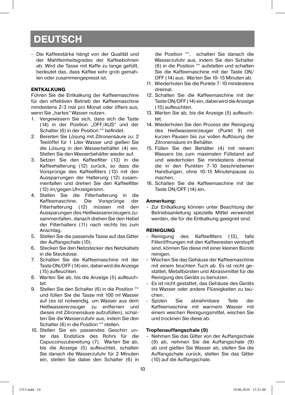 Deutsch | Vitek VT-1513 User Manual | Page 10 / 48