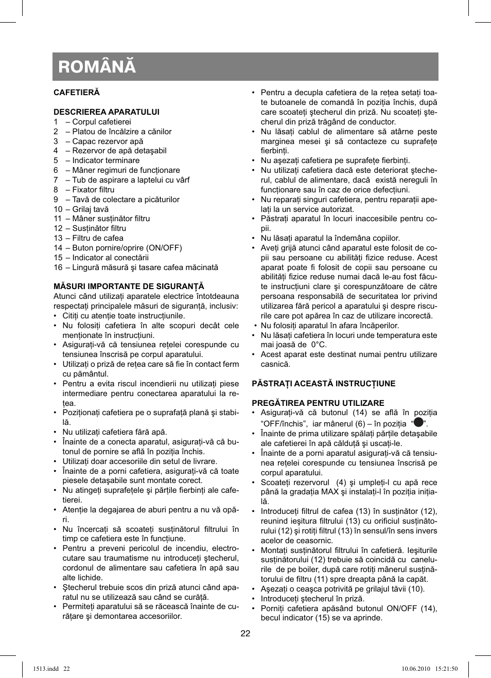 Română | Vitek VT-1513 User Manual | Page 22 / 48