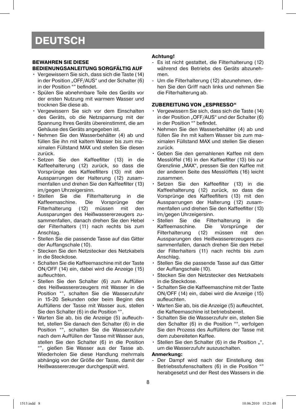 Deutsch | Vitek VT-1513 User Manual | Page 8 / 48