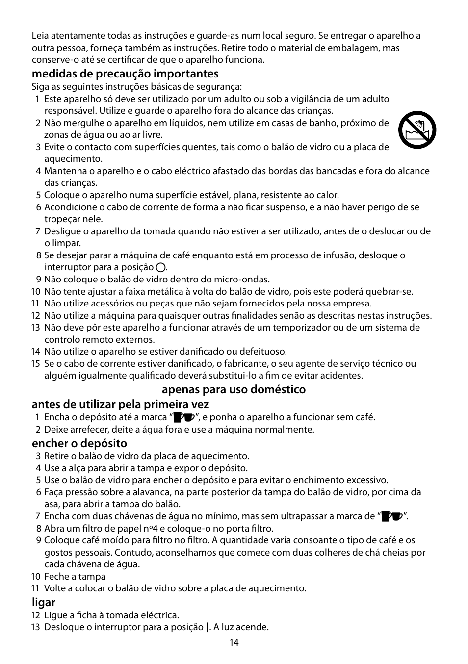 Medidas de precaução importantes, Encher o depósito, Ligar | RUSSELL HOBBS JUNGLE GREEN User Manual | Page 14 / 48