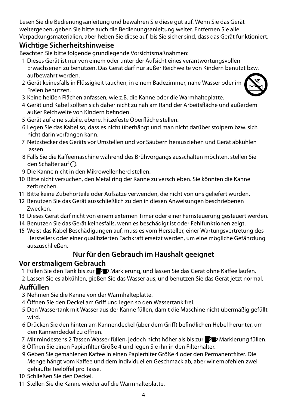 Wichtige sicherheitshinweise, Auffüllen | RUSSELL HOBBS JUNGLE GREEN User Manual | Page 4 / 48