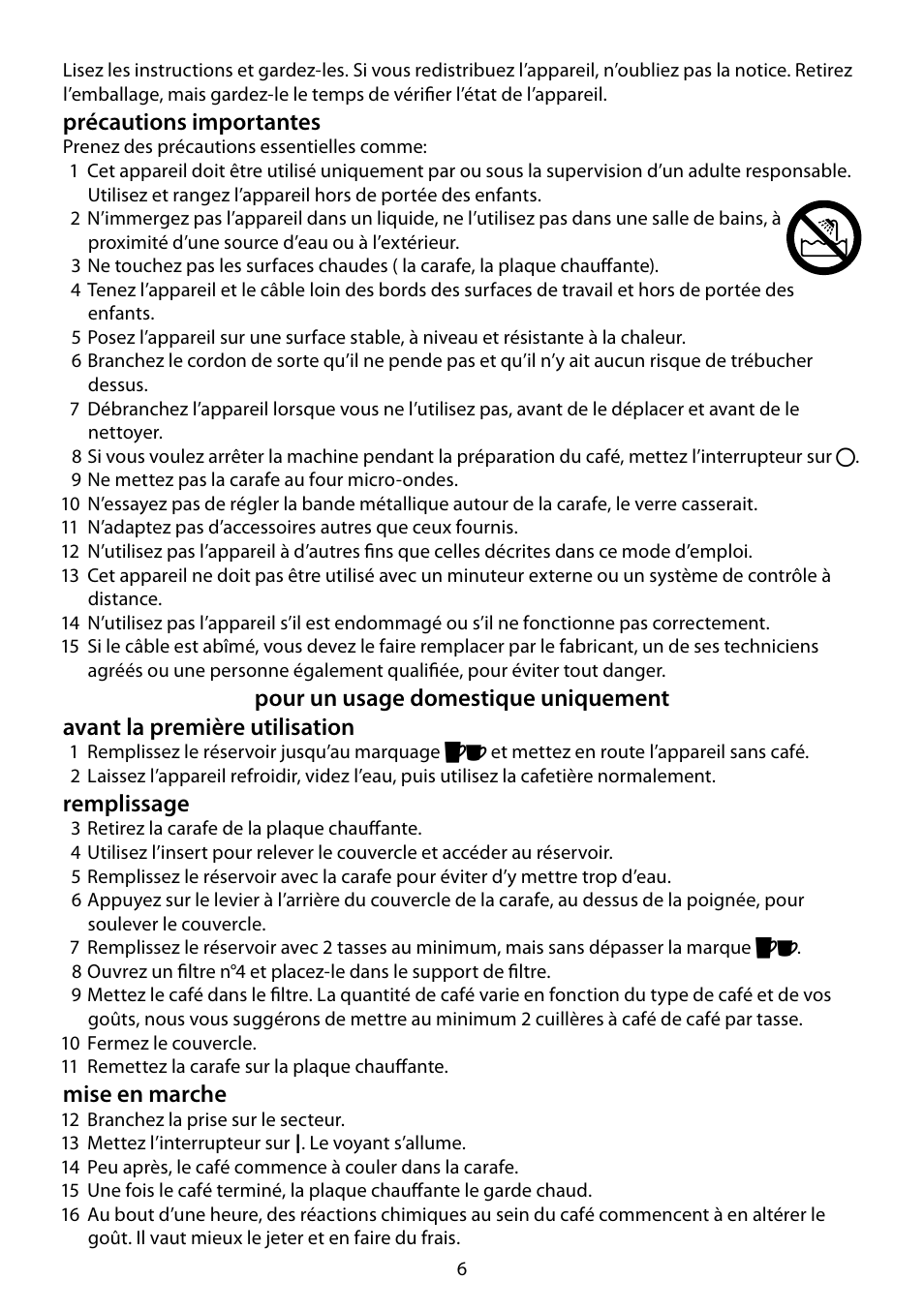 Précautions importantes, Remplissage, Mise en marche | RUSSELL HOBBS JUNGLE GREEN User Manual | Page 6 / 48