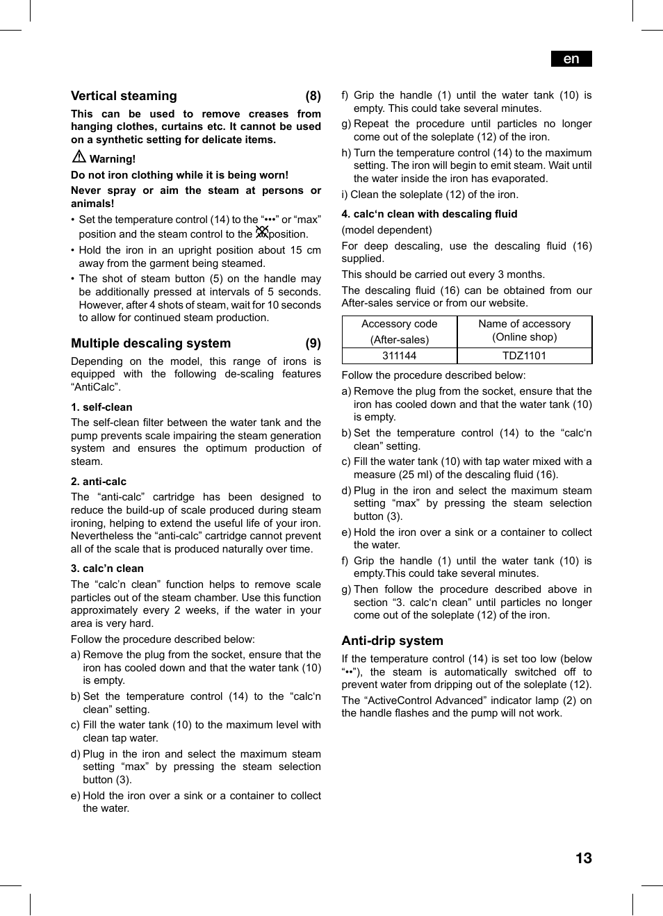 Bosch TDS1229 Centro de planchado compacto SensorSteam Ultimate EAN 4242002684598 User Manual | Page 13 / 116