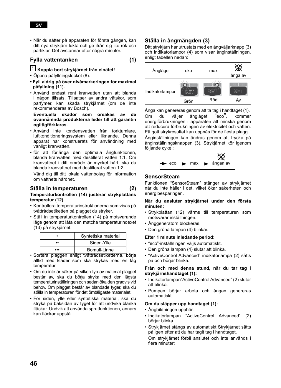 Bosch TDS1229 Centro de planchado compacto SensorSteam Ultimate EAN 4242002684598 User Manual | Page 46 / 116