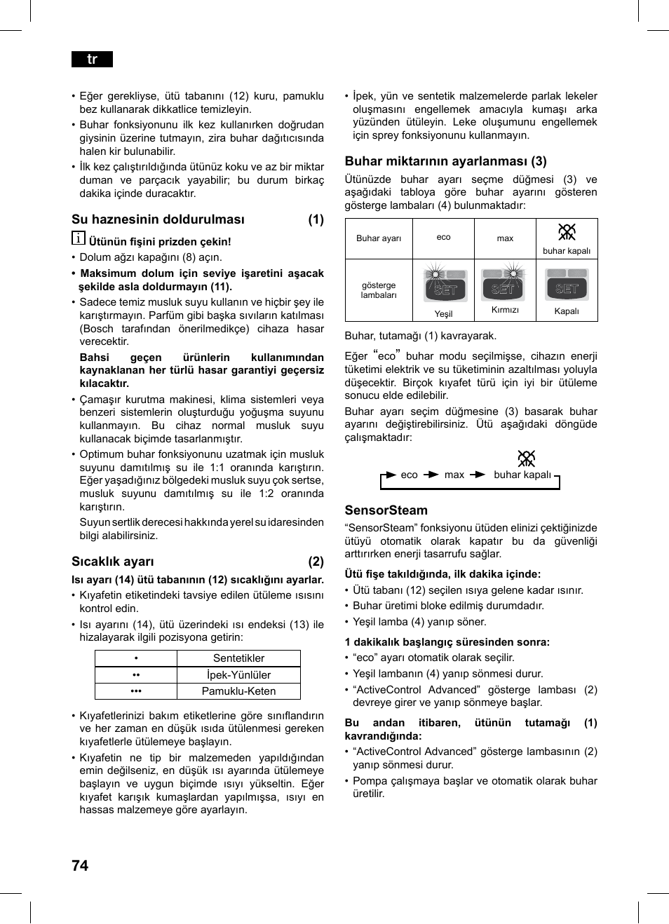 Bosch TDS1229 Centro de planchado compacto SensorSteam Ultimate EAN 4242002684598 User Manual | Page 74 / 116