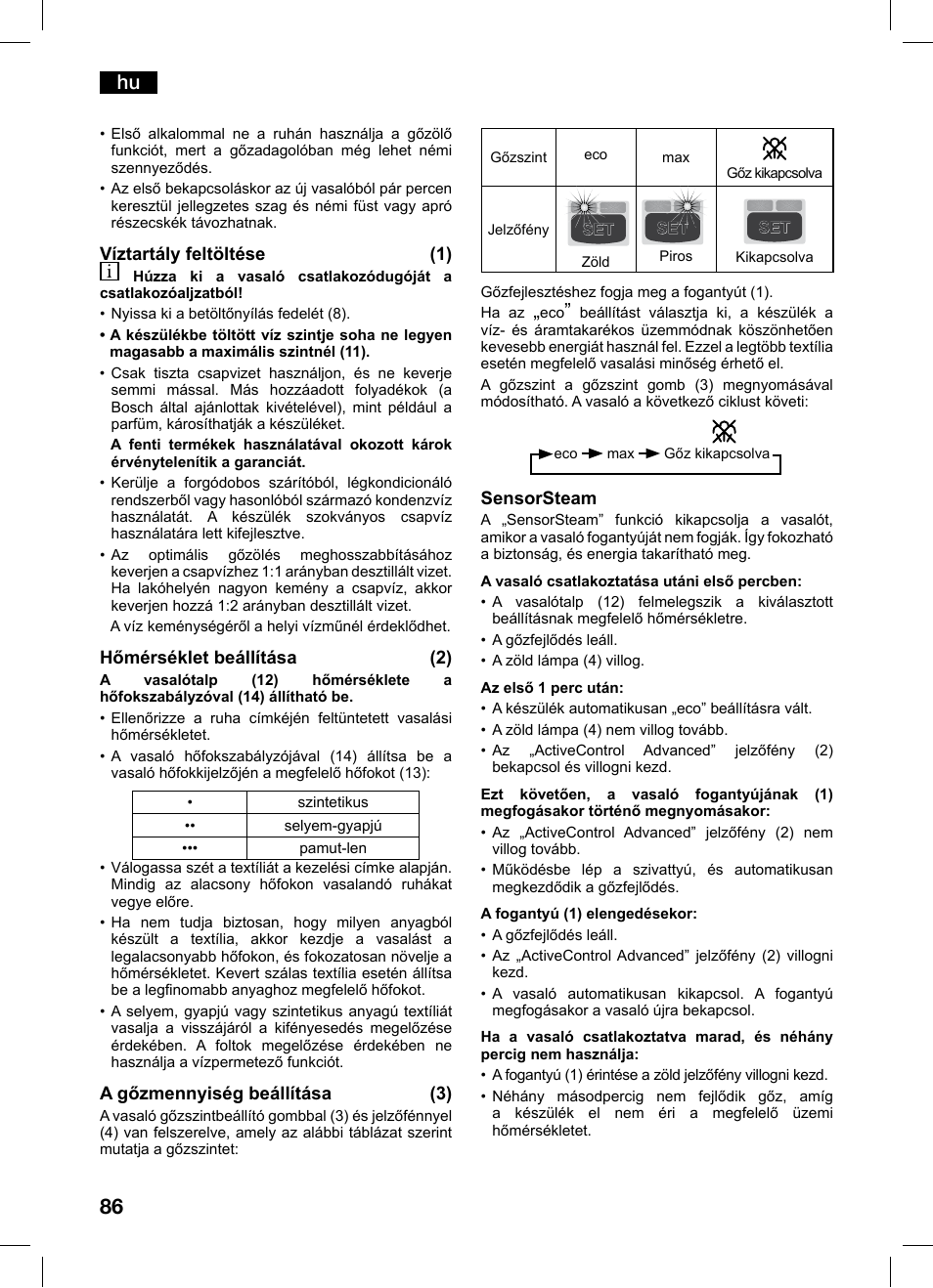 Bosch TDS1229 Centro de planchado compacto SensorSteam Ultimate EAN 4242002684598 User Manual | Page 86 / 116