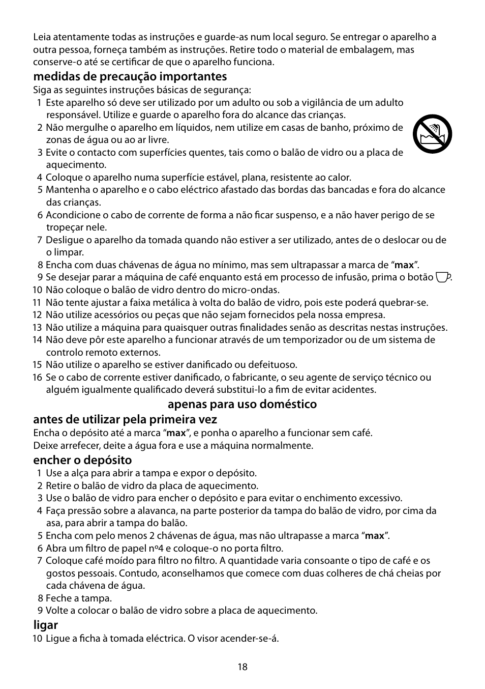 Medidas de precaução importantes, Encher o depósito, Ligar | RUSSELL HOBBS DELUXE User Manual | Page 18 / 68